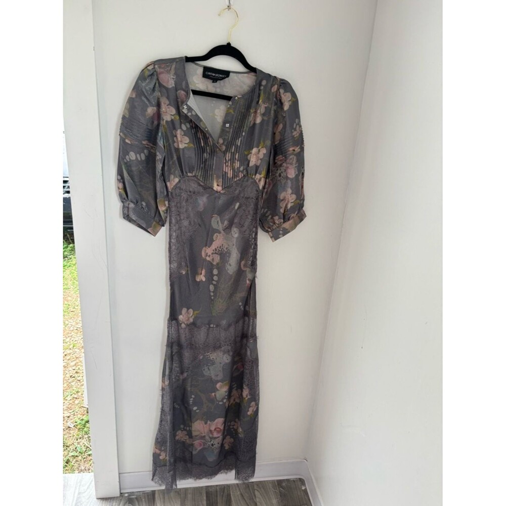 Cynthia Rowley Collection XS Silk Claud Floral Lace Maxi Dress Puff Sleeves - Picture 3 of 6